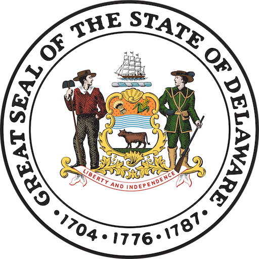 Great Seal of the State of Delaware featuring a coat of arms with a sailing ship, farmer, and laborer.
